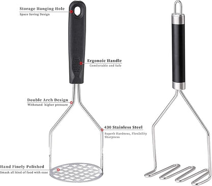 2PCS Potato Masher, OLULU Heavy Duty Stainless Steel Mashed Potatoes Masher, Masher Kitchen Tool for Avocado, Potatoes, Beans, Meat, Vegetables, 10.24inch, Dishwasher Safe