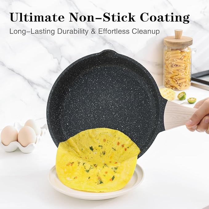 Kordisen Nonstick Frying Pan Set with Lids, 3 Piece Skillet Set, Healthy Induction Cooking Pan, Stay-Cool Handle, Compatible with All Stovetops, PFOA Free (8, 9.5, 11 Inch)