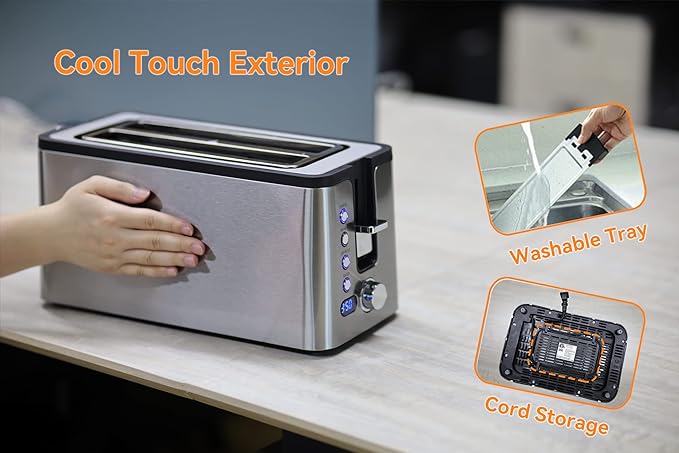 Mecity 4 Slice Toaster, Long Slot Toaster With Countdown Timer, Bagel/Defrost/Reheat/Cancel Functions,Warming Rack, Removable Tray, 6 Browning Settings, Extra Wide Slots, Stainless Steel, 1300W