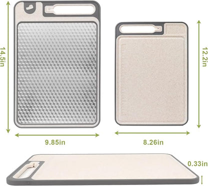 XIAPIA 2-in-1 Cutting Board Set (2 Pack), Stainless Steel & Plastic Cutting Boards for Kitchen, Metal Chopping Board Non Toxic & BPA Free, Built-in Knife Sharpener|Ginger Grater|Measurement Marks
