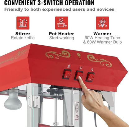 VEVOR Commercial Popcorn Machine, 8 Oz Kettle, 850 W Countertop Popcorn Maker for 48 Cups per Batch, Theater Style Popper with 3-Switch Control Steel Frame Tempered Glass Doors 2 Scoops 2 Spoons, Red
