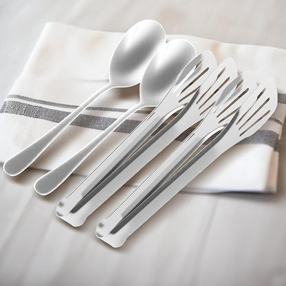 12PCS Stainless Steel Serving Utensils Sets,8 Large Serving Spoons,4 Serving Tongs,Silver Serving Utensills Sets for Buffet Catering Banquet Party (Silver)