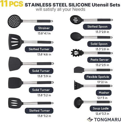 Large Silicone Kitchen Cooking Utensils Set, 11 pcs Cooking Utensils, Kitchen Tools Gadgets for Nonstick Cookware, Spatula, Turner, Masher, Ladle, Strainer, Server, BPA FREE, Dishwasher Safe (Black)