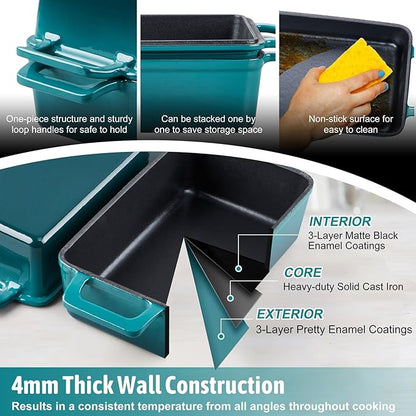 P&P CHEF 2 In 1 Enameled Cast Iron Loaf Pan with Lid, 9 x 5 Inch Bread Loaf Pans for Baking Homemade Sourdough Bread, Meatloaf, Toast, Cake, Nonstick & Healthy & Sturdy, 2 Piece Set - Dark Green