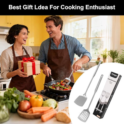 2 Pcs stainless steel spatula set,Heat Resistant metal spatula for cooking, kitchen utensils set Include Solid & Slotted Turner,Ergonomic Handle, Easy to Clean