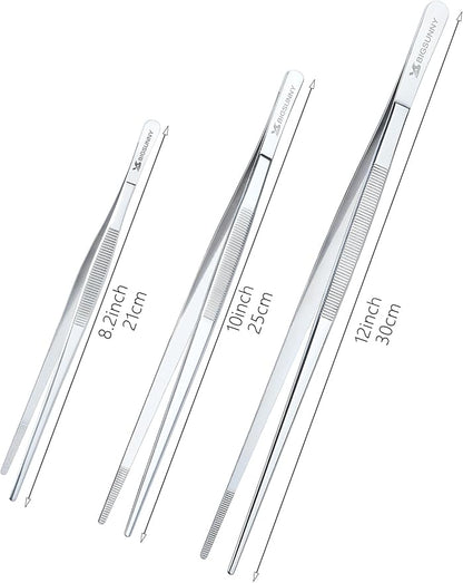 Set of 3 Kitchen Tweezers Fine Tweezer Tongs, MSY BIGSUNNY Stainless Steel Food Tweezers, Precision Serrated Tips Food Tongs (8.5" 10" and 12")