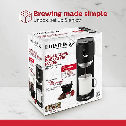 Holstein Housewares 2-in-1 Single Serve Coffee Maker, Dual Brew, Compatible with K-Cup Pods & Ground Coffee, Reusable Filter Included, Compact Drip Coffee Machine, 14oz Tank, Fits Most Cups - Black