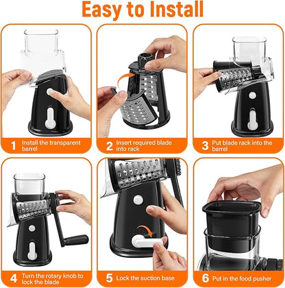Rotary Cheese Grater Hand Crank with 5 Interchangeable Blades, Vegetable Chopper Spiralizer Slicer for Fruit Vegetable Nuts, Mandoline Slicer for Kitchen with Blades Rack & Suction Base, Black