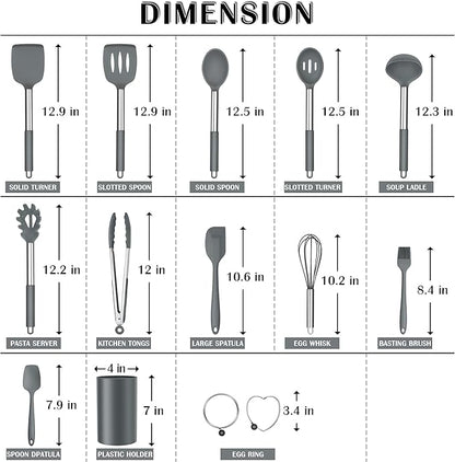 Silicone Cooking Utensils Set, E-far 14-Piece Gray Kitchen Utensils Set with Holder, Kitchen Tools Spatulas with Stainless Steel Handle for Non-stick Cookware, Heat Resistant & Dishwasher safe