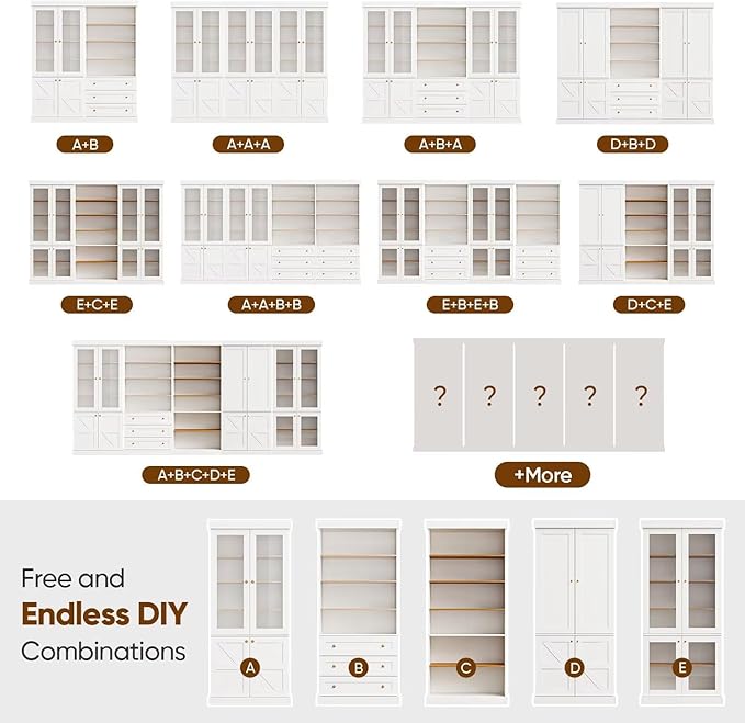 70.8" Tall Farmhouse Kitchen Pantry Cabinet with Glass Doors, Modular Storage Cabinet with 6-Tier Adjustable Shelves, White, Wooden Hutch for Kitchen, Living Room, Set of 3