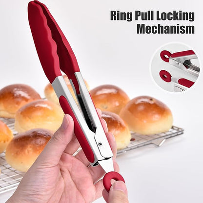 Doosu Kitchen Tongs for Cooking - 600°F Heat Resistant Food Tong with Non-Scratch Silicone Tips, Heavy Duty Stainless Steel Locking Tong for BBQ, Grilling Steak, Serving Salad, Pasta (7in, Red)