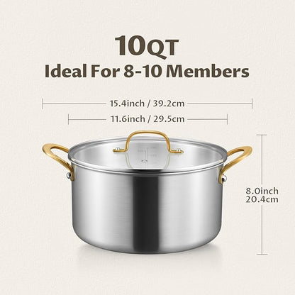 BEZIA Large 10 Quart Tri-Ply Stainless Steel Stock Pot, Nonstick Soup Pot With Lid, Sturdy & Double Handle, Induction Stockpot for All Stoves, Large Cooking Pot for Catering, Groups, Events, Silver