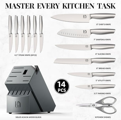 Knife Set, 14 Pcs Premium Japanese High Carbon Stainless Steel Kitchen Knife Set, Razor Sharp Knife Block Set with Built-in Sharpener, Quality Acacia Wood Block Knife Sets Ergonomic Handle