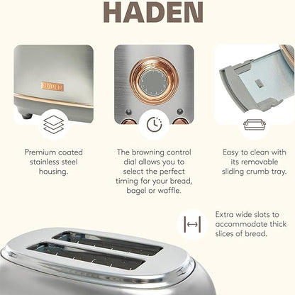 HADEN Heritage 12 Cup Programmable Retro Coffee Maker Machine Bundled with 2 Slice Wide Slot Toaster with Removable Crumb Tray, Steel/Copper