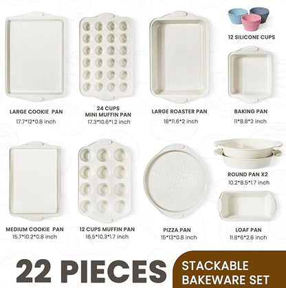 Kikcoin 22 PCS Nonstick Baking Pans Set, Stackable Bakeware Sets with Silicone Handles, 450°F Oven Safe Baking Sheet Set, Easy Release Cookie Sheets for Baking, Cream