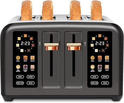 SEEDEEM Toaster 4 Slice, Stainless Steel, Touch Screen for Dual Control, Digital Timer, Smart Toaster with 6 Bread Type, 7 Shade Setting, 1.5''Wide Slot, Removable Crumb Tray, 1800W, Dark Metallic