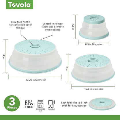 Tovolo 3-Piece Silicone Microwave Splatter Lid Set Blue Haze Small Medium Large Set of 3, Collapsible Dishwasher Safe BPA Free Vented Silicone Microwave Splatter Cover Set for Food Reheating