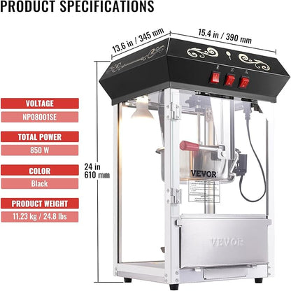 VEVOR Popcorn Maker, 850W Popcorn Popper Machine, 8 Oz Kettle Makes 48 Cups per Batch, Countertop Popcorn Maker with Tempered Glass, Includes 4 Scoops, Movie Theater Style, Black