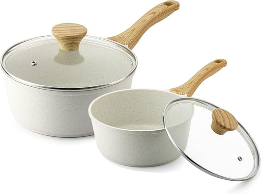 SENSARTE White Ceramic Nonstick Saucepan with Lid Set, Small Cooking Pot with Stay Cool Handle, Induction Compatible Saucepot, White Granite Coating, PFOA/PFAS Free, 2.0 + 2.5QT