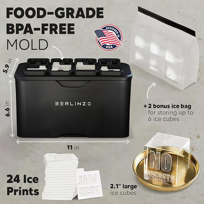 Berlinzo Premium Clear Ice Cube Maker with Conversation Ice Prints – 8 Large 2.1" Crystal Clear Ice Squares – Giftable Idea for Party, Game Night & Just for Fun – Includes Storage Bag (Non-Electric)