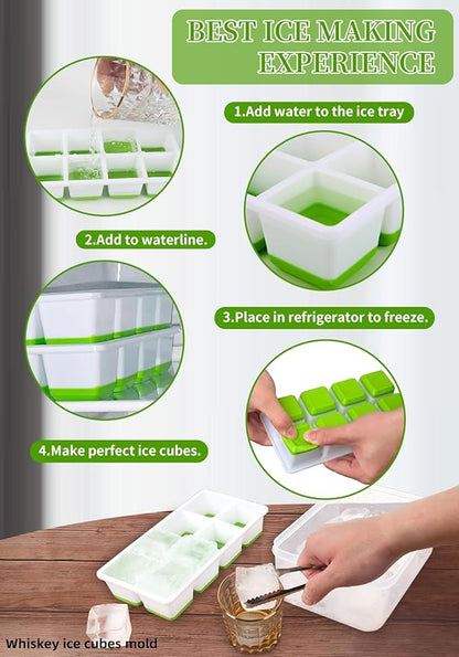 2 INCH Ice Cube Tray with Lid & Bin,Square Large Ice Cube Molds | ice trays for freezer with lid and bin, Silicone Base & Stackable Design, Whiskey Ice Cubes Mold for Coffe,Cocktail,Whiskey