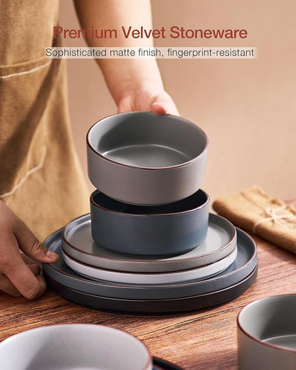 Famiware Nebula Ridge Stoneware Dinnerware Sets, Plates and Bowls Sets for 4, 12 Pieces Dishes Set, Microwave and Dishwasher Safe Kitchen Plates, Multi-color