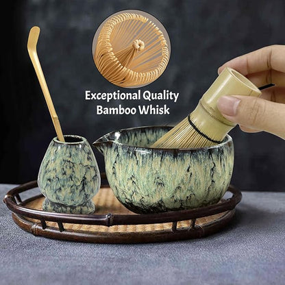 Matcha Whisk Set 6 pc Kit - Traditional Japanese Chasen, Bamboo Whisk Holder, Ceramic Bowl with Spout, Sifter & 2 pc Spoons - matcha kit set, Gift for Matcha Tea Lovers(Quenching Blue)