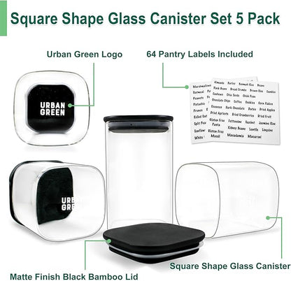 Urban Green Glass Jars with Black Bamboo Lids, food storage sets with airtight black lids, Glass Canisters Sets, Kitchen Organizing Jars (5 Sets of 27oz, 38oz, 66oz)