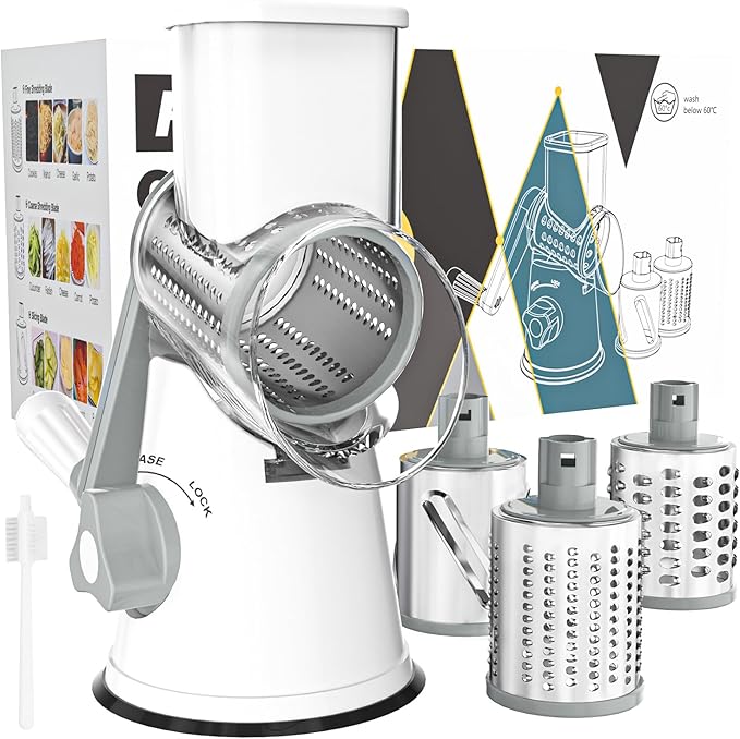 Cambom Rotary Cheese Grater Hand Crank Cheese Shredder for Fresh Cheese, Vegetable, Nuts,Non-slip Suction Base, Free Cleaning Brush Three Blades, White
