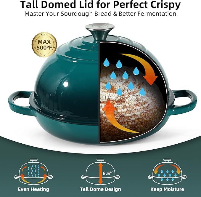 Davivy 5.5QT Dutch Oven for Sourdough Bread, Enameled Cast Iron Dutch Oven with Lid, 10" Round Sourdough Bread Oven, Bread Cloche for Bread Baking - Gradient Teal