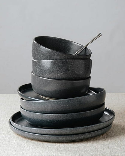 Famiware Milkyway Stoneware Dinnerware Sets with Pasta Bowls, Service for 4 (16 Pieces), Reactive Glaze Plates and Bowls Sets, Microwave and Dishwasher Safe Dishes Set, Matte Dark Charcoal