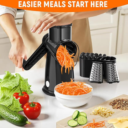 Rotary Cheese Grater Hand Crank with 5 Interchangeable Blades, Vegetable Chopper Spiralizer Slicer for Fruit Vegetable Nuts, Mandoline Slicer for Kitchen with Blades Rack & Suction Base, Black