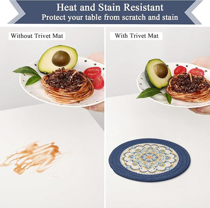 SHACOS 8 Inches Trivets for Hot Dishes, 4 Pieces Cotton and Felt Floral Pattern Trivet Mats for Kitchen, Hot Pads for Countertops and Table, Heat-Resistant Pot Holders for Hot Pots and Pans, Blue