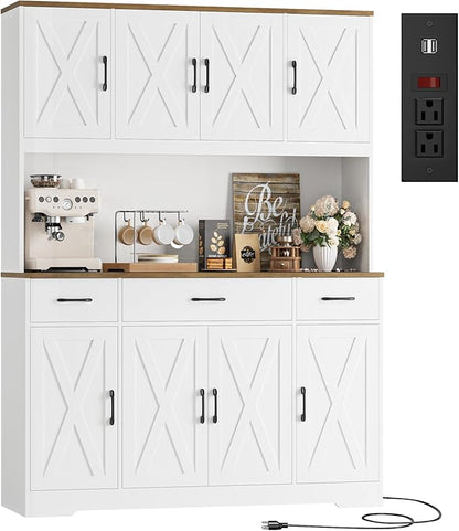 HOSTACK 71" Tall Kitchen Pantry Storage Cabinet with Charging Station, 55" Wide Kitchen Hutch Cabinet with Large Countertop, Farmhouse Food Pantry with Drawers for Living Room, White
