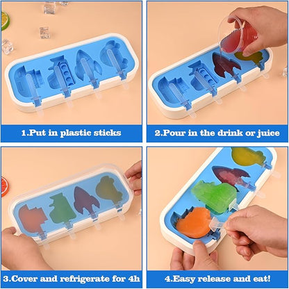 WMKGG Mini Cartoon Silicone Popsicle Molds for Kids, 2 PCS Popsicles Molds with Sticks and Lids, Stackable Small Ice Pop Mold,Rocket Dinosaur Car Ship Shape