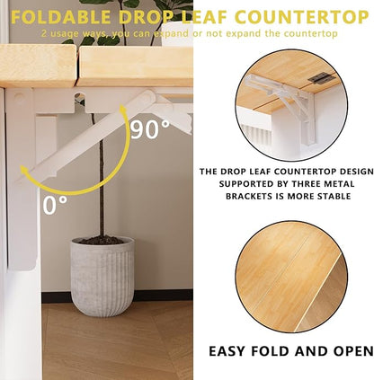 60'' Rolling Kitchen Island with Drop Leaf, Storage Islands Cart with Tilt Out Trash Can Cabinet, Rubber Wood Tabletop, Knife Holder, Wheels, White
