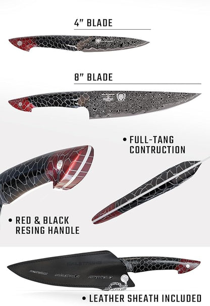 Dalstrong 2 Piece Knife Set - Chef Knife 8"+Paring Knife 4"-Scorpion Series Hellfire-Japanese V12 Ultra™Steel-Black Damascus-Black & Red Honeycomb Resin Handle-Leather Sheath
