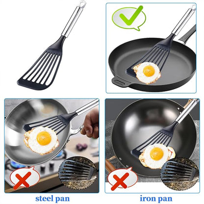 KSENDALO Fish Spatula for Nonstick Pans 2-Pack - Thin Turner for Eggs & Fish | LFGB Nylon, 10,000+ Reviews | Dishwasher Safe