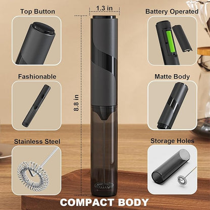 Handheld Milk Frother with Cover, Battery Operated Drink Mixer Handheld Easy to Carry Electric Frother Wand For Coffee, Latte, Cappuccino, Frappe Drink, Hot Chocolate, Black