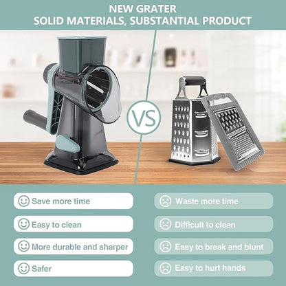 Rotary Cheese Grater Multi-Purpose Stainless Steel Shredder- Cheese Grater With handle Effortless Grating of Vegetables, Nuts and Fruits,with Suction Base and Cleaning Brush (blue)