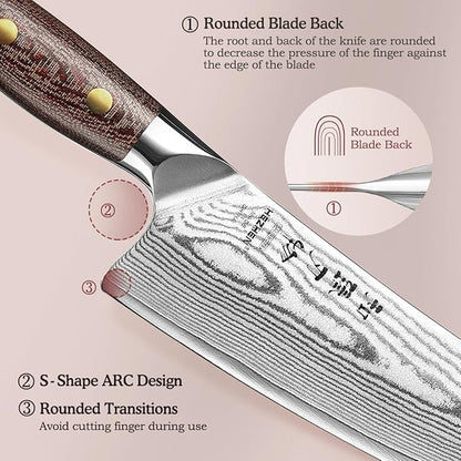 HEZHEN Damascus Chef Knife with Sheath, 8.3 Inches, 67 Layers Dmascus Steel Japanese Kitchen Knifefor Professional Chefs and Family, Micarta Handle,Gift Ready