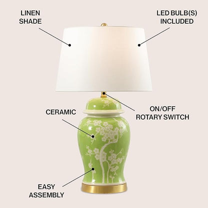 JONATHAN Y JYL3047B Gracie 29.5" Traditional Cottage Ceramic/Metal Ginger Jar LED Table Lamp, Green/White for Bedroom, Living Room, Office, College