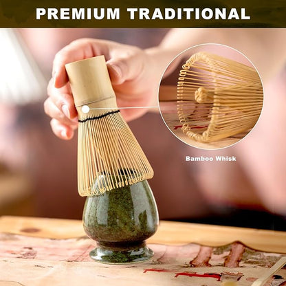 Matcha Whisk Set,(8Pcs) Includes Ceramic Matcha Bowl, Whisk, Holder, Scoop and Spoon, Rest, Sifter, Tea Towel,Traditional Tea Ceremony Set Gift