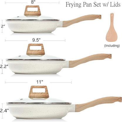 ESLITE LIFE Nonstick Ceramic Frying Pans Skillets Set with Lids, Non-Toxic Egg Omelette Kitchen Cooking Pans Compatible with All Stovetops (Gas, Electric & Induction), PTFE & PFOA Free (White)