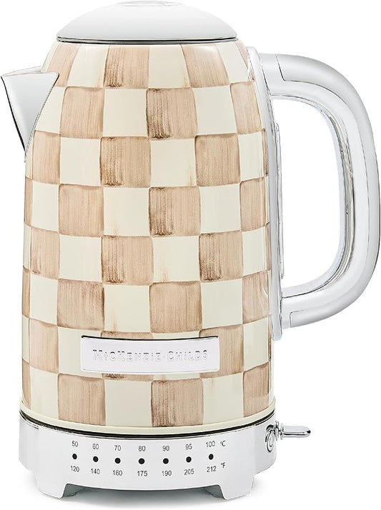 MACKENZIE-CHILDS Electric Kettle, Stainless-Steel Tea Kettle, Brown-and-White Mocha Check