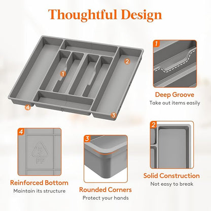 Lifewit Silverware Organizer, Plastic Kitchen Utensil Drawer Tray, Cutlery Flatware Storage Holder for Spoons Forks Knives, 20 x 16 Inches, 8 Compartment, Gray