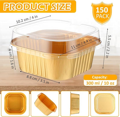 Aoriher 150 Pieces 10 oz Mini Cake Pans with Lids Aluminum Foil Baking Cups Square Disposable 4" x 4" Large Cupcake Cups Baking Tins for Kitchen Brownie Pudding Desserts Holders(Gold)