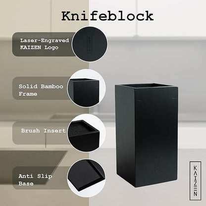 KAIZEN Bamboo Knife Block Without Knives - Perfectly Sized Universal Knife Holder for Knives, Scissors - Unique Knife Storage for Counter Top with Anti-Slip Base (Black - Bamboo)