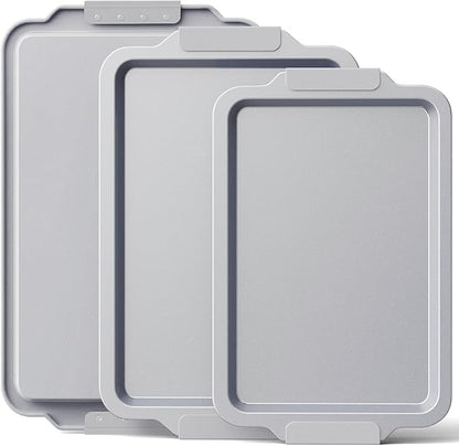BRONYPRO Non Stick Ceramic Baking Sheet Pan Set of 3, Natural Non Toxic Cookie Sheets for Baking - PFOA, PTFE Free, Aluminized Steel Oven Trays for Cooking with Silicone Handles, Light Gray