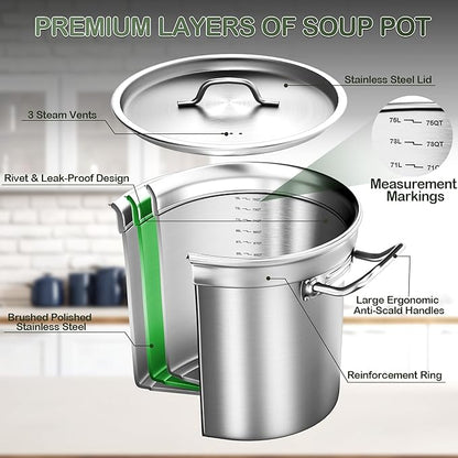 Stainless Steel Stockpot with Lid, 75QT Large Stock Pot Heavy Duty Tri-Ply Bottom Commercial Grade Stock Pot & Stockpots for Boiling Cooking Soup Stew Canning Cookware Sauce Cooking Pots